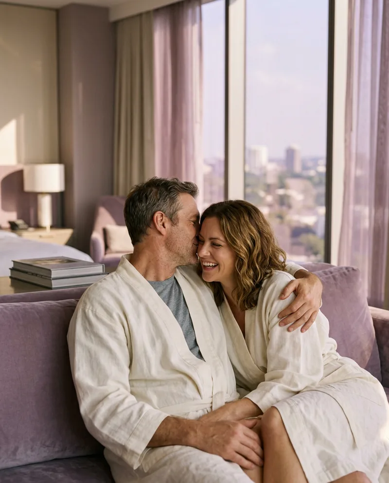 Couple in bathrobes, hotel suite