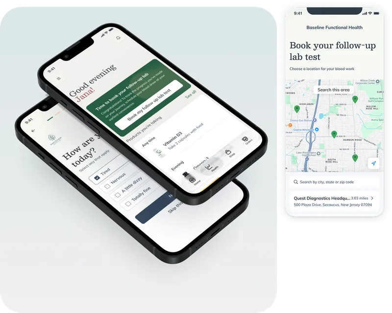 Portal home screen with daily guidance and one-tap follow-up lab booking